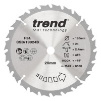 Trend Wood Circular Saw Blade - 190mm dia x 2.4 kerf x 20 bore 24T